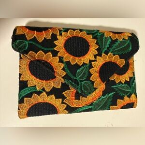 Sunflower Embroidered Black Clutch